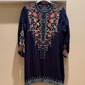Johnny Was Embroidered Navy Tunic with Floral Design